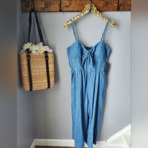 As U Wish Tie Front Chambray Jumpsuit Large NWT